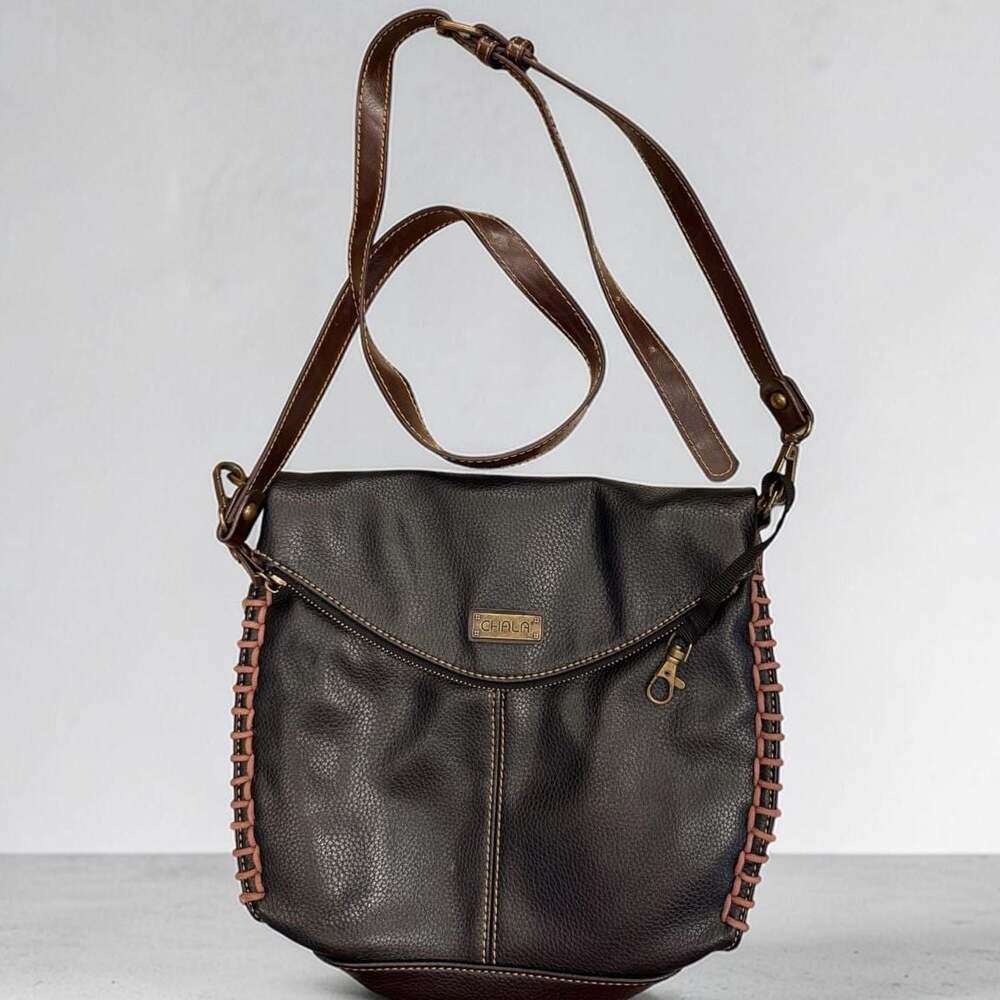 Vintage Chala Charming Black/Brown  Pebbled Leather Whipstitch Crossbody Bag